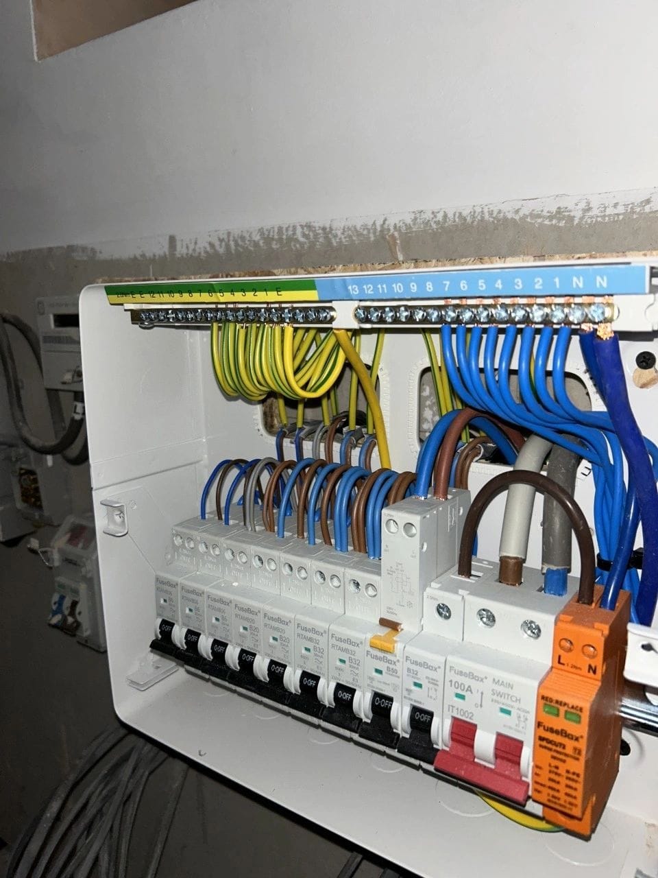 A newly wired consumer unit with neat cable runs