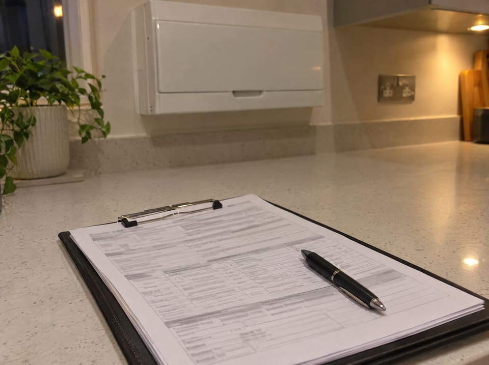 Certificate paperwork beside a newly fitted consumer unit